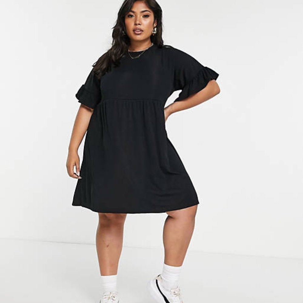 Missguided Plus ribbed smock dress with frill sleeve in black
